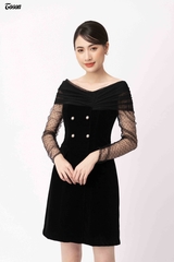 49271B840  - Đầm nhung đen trễ vai, tay và cúp ngực phối lưới chấm.