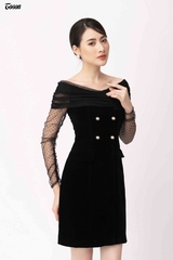 49271B840  - Đầm nhung đen trễ vai, tay và cúp ngực phối lưới chấm.