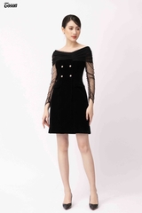 49271B840  - Đầm nhung đen trễ vai, tay và cúp ngực phối lưới chấm.