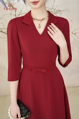 49970D13 - Đầm đỏ đô xòe, eo đính nơ