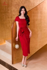 49101D95 - Đầm đỏ sake cổ đính cườm, vai xếp ly