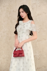49069W95 - Đầm xòe tơ trắng in hoa