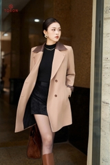 94007N95 - Măng tô nâu cổ phối da, lót trần bông