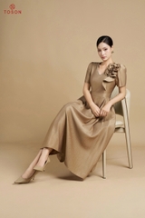 49304N75 - Đầm xòe nâu tapt bamboo đính nơ hoa