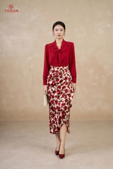12045D35 - Áo silk đỏ dài tay cổ buộc nơ