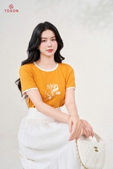 AP117 - Áo cotton vàng phối trắng in hoa hồng