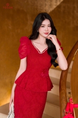 B1393 - Bộ gấm: Áo peplump tay bồng + C.váy (SXTN)