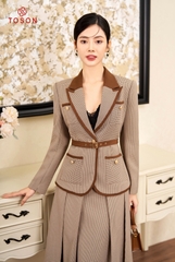 S8571K84 - Bộ text kẻ nhỏ: vest lé, phối thắt đai + CV xếp ly