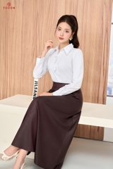 12144W06 - Áo cổ đức thô trắng dài tay xếp nơ