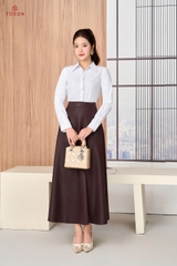 12144W06 - Áo cổ đức thô trắng dài tay xếp nơ