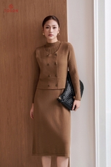 B6705N05 - Bộ len nâu áo Gile cổ tròn + Đầm