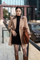 94007N95 - Măng tô nâu cổ phối da, lót trần bông