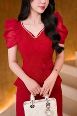 B1393 - Bộ gấm: Áo peplump tay bồng + C.váy (SXTN)