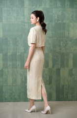 49308V75 - Đầm tiệc text vàng + áo lửng trùm vai