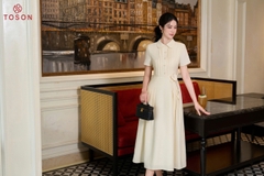 43145E66 - Đầm linen kem cổ đức,eo thắt đai hoa