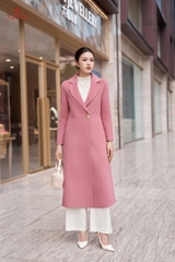 99007P34 - Áo dạ lông cừu Hồng dáng dài, cổ K cài 1 khuy