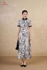 43084 - Đầm xòe lụa silk họa tiết hoa đen