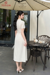 49166E66 - Đầm cổ leo tạo form,thắt eo đính hoa- linen phẩy