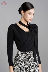 AS124 - Áo thun kem nhúng cổ nơ đính bông hoa