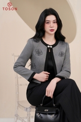 82005G95 - Áo vest ngắn dạ len ghi thêu hoa hồng