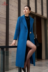 99007X34- Áo dạ lông cừu Xanh dáng dài, cổ K cài 1 khuy