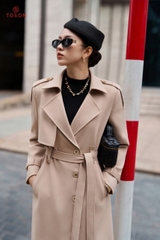 92002 - Măng tô dài dạ pha lê be nâu, thắt đai eo