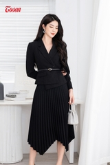 84987B52 - Áo Vest đen tuýp si tà lệch, cổ K, eo thắt đai da