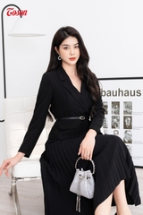 84987B52 - Áo Vest đen tuýp si tà lệch, cổ K, eo thắt đai da