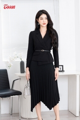 84987B52 - Áo Vest đen tuýp si tà lệch, cổ K, eo thắt đai da