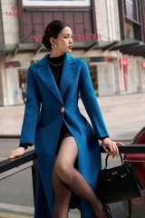 99007X34- Áo dạ lông cừu Xanh dáng dài, cổ K cài 1 khuy