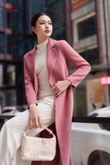 99007P34 - Áo dạ lông cừu Hồng dáng dài, cổ K cài 1 khuy