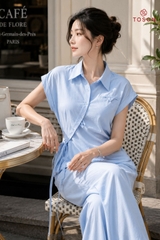 B1270 - Bộ linen xanh ngọc: Áo vạt lệch + Q suông
