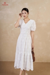 42091W95 - Đầm xòe thô boi trắng dệt họa tiết