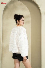 89954W53 - Áo lông trắng kem dáng dài phối dây ngọc trai Limitted