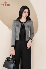 82005G95 - Áo vest ngắn dạ len ghi thêu hoa hồng