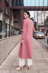 99007P34 - Áo dạ lông cừu Hồng dáng dài, cổ K cài 1 khuy