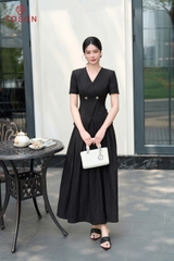 31B79K96 - Chân váy xòe linen đen kẻ
