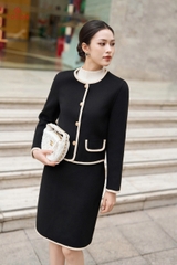 C8301B34 - Bộ dạ lông cừu đen: Áo vest + Chân váy A