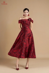 49306D75 -Đầm tiệc hoa đỏ đính hoa trang trí