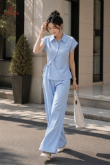 B1270 - Bộ linen xanh ngọc: Áo vạt lệch + Q suông