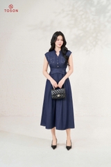 JDK06X65 - Đầm denim xanh eo chun tà bong chéo