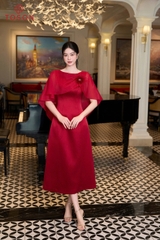 49122D96 - Đầm tiệc lụa đỏ vai phối tà bong