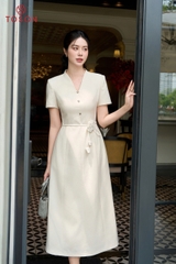 49166E66 - Đầm cổ leo tạo form,thắt eo đính hoa- linen phẩy