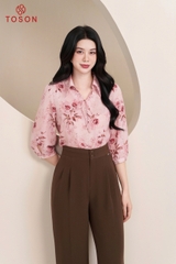 12112 - Áo cổ đức V lụa xanh họa tiết