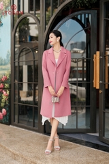 99002P34 - Áo dạ lông cừu hồng, dáng dài, mí gân cửa tay đính trang trí