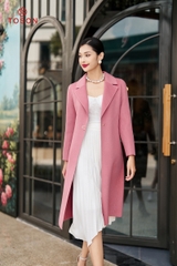 99002P34 - Áo dạ lông cừu hồng, dáng dài, mí gân cửa tay đính trang trí