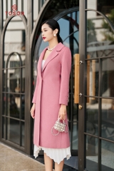 99002P34 - Áo dạ lông cừu hồng, dáng dài, mí gân cửa tay đính trang trí