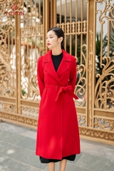 99006D34 - Áo dạ lông cừu Đỏ, dáng dài thắt đai eo