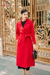 99006D34 - Áo dạ lông cừu Đỏ, dáng dài thắt đai eo