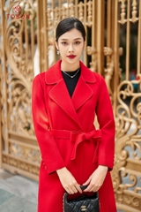 99006D34 - Áo dạ lông cừu Đỏ, dáng dài thắt đai eo